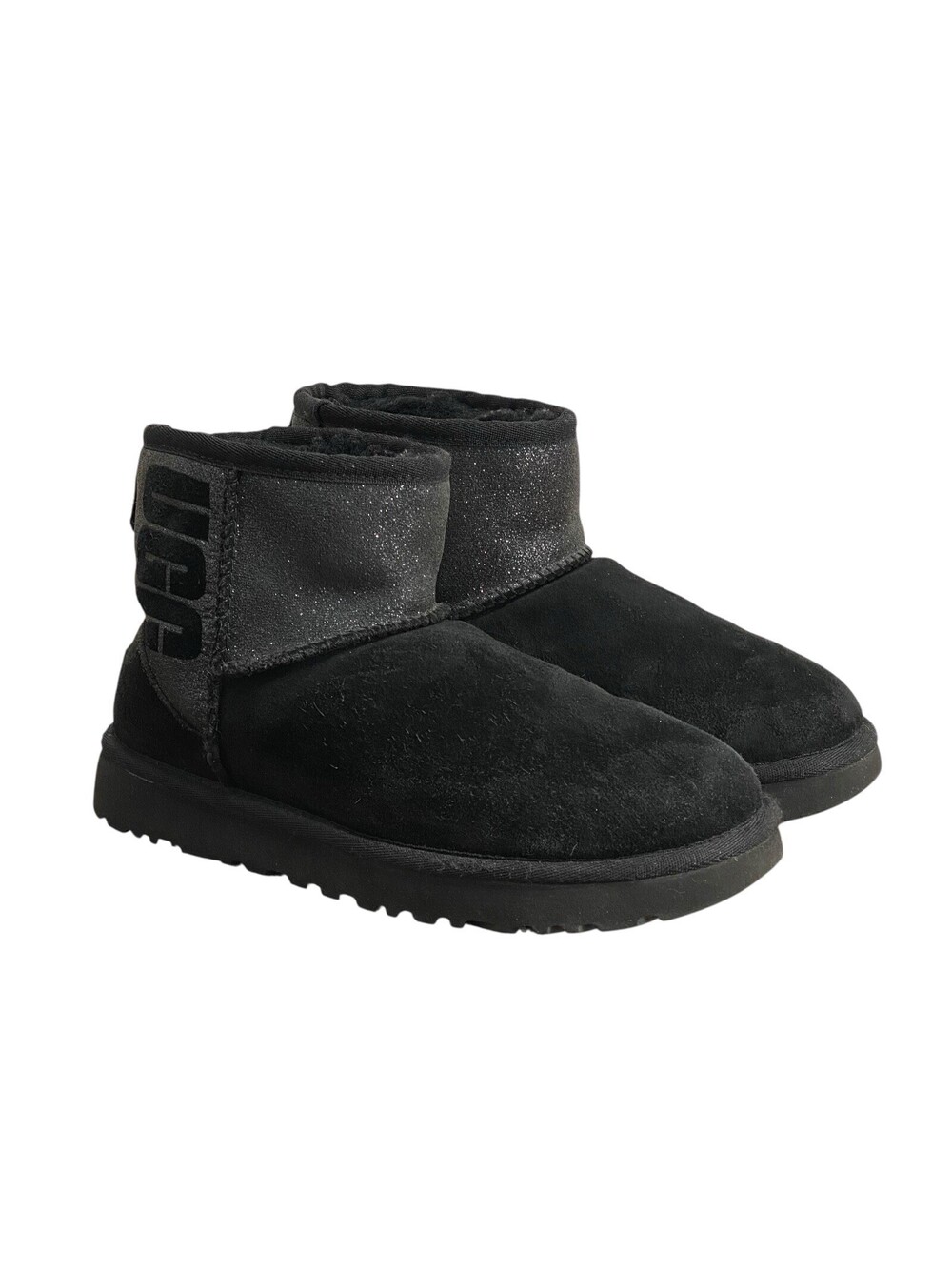 UGG Classic Mini UGG Sparkle Graphic Black Suede Sheepskin Boots Women's Size 6